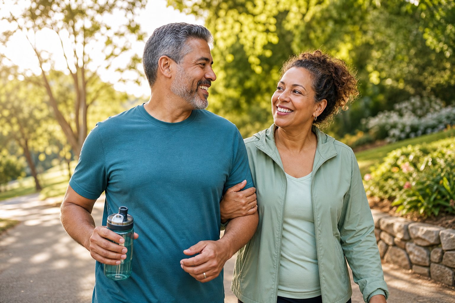 Happy couple enjoying a walk in the park
